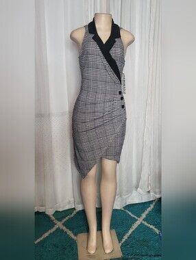 Almost Famous Black & White Plaid Asymmetrical Wrap Dress